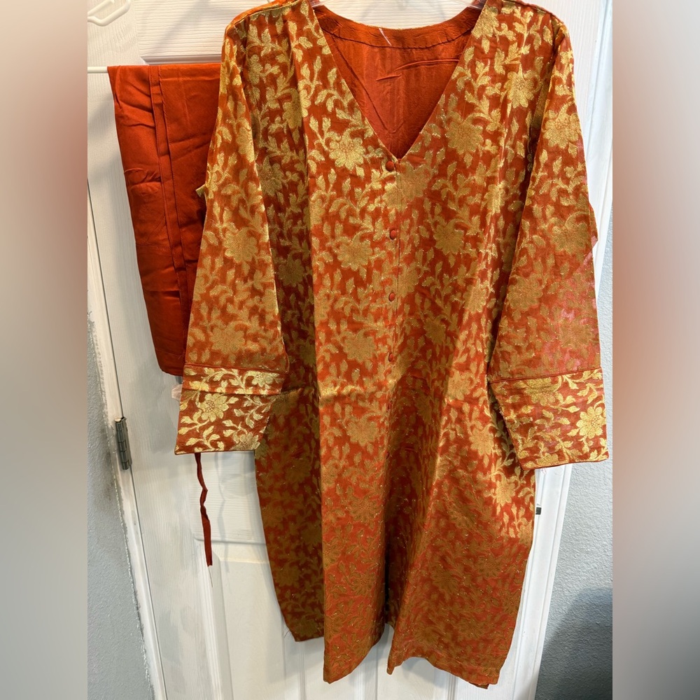 Indian Punjabi georgette brocade Burnt Orange and Gold Kurta with silk churidar